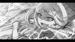  animal_hood bad_id bad_pixiv_id blunt_bangs commentary_request crazy_smile electricity female gawr_gura gawr_gura_(1st_costume) greyscale highres hololive hololive_english hood hoodie letterboxed monochrome motion_lines open_mouth polearm shark_hood sharp_teeth smile solo teeth virtual_youtuber weapon weizen 