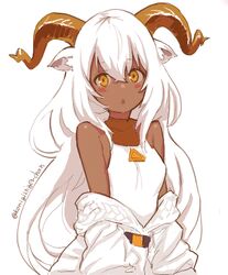  animal_ear_fluff animal_ears arknights bare_shoulders beeswax_(arknights) blush breasts commentary_request dark-skinned_female dark_skin female hair_between_eyes horns jacket konigstigerchan long_hair navel off_shoulder orange_eyes parted_lips shirt simple_background sleeveless sleeveless_shirt small_breasts solo twitter_username upper_body very_long_hair white_background white_hair white_jacket white_shirt 