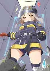  animal_ears_helmet arknights axe black_gloves black_jacket black_shorts brown_eyes brown_hair commentary_request female fire_axe fire_helmet firefighter firefighter_jacket flying_sweatdrops gloves helmet highres jacket knee_pads long_sleeves originium_slug_(arknights) shaw_(arknights) short_hair shorts smile solo sparkle sweatdrop z-jun.dd-zhong 