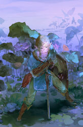  1boy armor arrow_(projectile) blonde_hair blood blood_on_face blue_flower boots brown_footwear brown_gloves brown_pants champion&#039;s_tunic_(zelda) collarbone flower full_body gloves holding holding_shield holding_weapon knee_boots legs_apart link long_sleeves looking_at_viewer male_focus medium_hair outdoors pants pauldrons pointy_ears quiver shield short_sleeves shoulder_armor solo standing starstruckdon sword the_legend_of_zelda the_legend_of_zelda:_breath_of_the_wild tunic weapon 