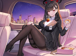  absurdres black_footwear black_hair black_pantyhose black_suit blue_archive breasts bright_pupils brown_pantyhose bubble_tea_challenge car_interior commentary doughnut drink female food grin hair_ornament hairclip halo high_heels highres holding holding_food holster id_card knees_together_feet_apart knees_up large_breasts legs long_hair looking_at_viewer miniskirt night object_on_breast office_lady pantyhose red_eyes rio_(blue_archive) skirt skl smile solo star_(sky) suit sweater taut_sweater thigh_holster tsurime turtleneck turtleneck_sweater very_long_hair white_sweater 