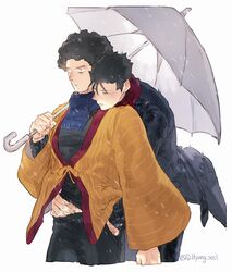  2boys black_hair black_pants blue_scarf closed_eyes facial_hair highres hug hug_from_behind leeis_cool male_focus mob_psycho_100 multiple_boys pants red_scarf scarf serizawa_katsuya shared_umbrella shimazaki_ryo simple_background stubble twitter_username umbrella white_background yaoi 