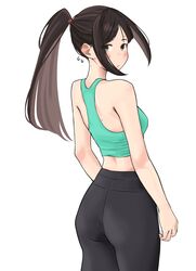  absurdres aqua_tank_top bare_arms bare_shoulders black_pants blush brown_eyes brown_hair female flying_sweatdrops from_behind highres lewdrawings long_hair looking_at_viewer original pants ponytail self-upload solo sweat tank_top tight_clothes tight_pants turning_head yoga_pants 