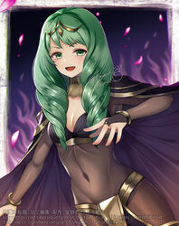  arms_up bangs bodystocking breasts cape cosplay covered_navel female fire_emblem fire_emblem:_three_houses fire_emblem_awakening flayn_(fire_emblem) green_eyes green_hair looking_at_viewer open_mouth shimako_(smk023) small_breasts tharja_(fire_emblem) tharja_(fire_emblem)_(cosplay) upper_body 