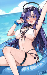  :o alternate_costume arms_up bikini black-framed_eyewear blue_archive blue_scrunchie blue_sky blush breasts cleavage cloud commentary day eyewear_on_head female halo highres innertube jewelry large_breasts long_hair looking_at_viewer mechanical_halo navel necklace ocean on_innertube open_mouth outdoors purple_eyes purple_hair scrunchie shell shell_necklace side-tie_bikini_bottom sky solo stomach stretching sunglasses swim_ring swimsuit thigh_strap two_side_up underboob wet white_bikini wrist_scrunchie yuuka_(blue_archive) yuxian_youka 