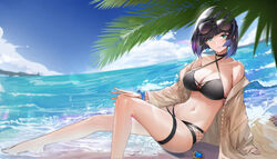  absurdres bare_legs bare_shoulders barefoot beach bikini black_bikini black_choker black_hair blue_eyes blue_hair blue_sky blunt_bangs bob_cut bracelet breasts chinese_commentary choker cleavage cloud commentary criss-cross_halter day eyewear_on_head female foot_out_of_frame genera-x genshin_impact grey_jacket halterneck highres jacket jewelry large_breasts long_sleeves looking_at_viewer mole mole_on_breast multicolored_hair navel ocean off_shoulder open_clothes open_jacket outdoors short_hair sitting sky smile solo stomach sunglasses swimsuit thigh_strap thighs water yelan_(genshin_impact) 