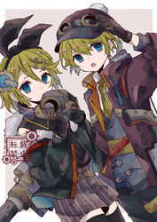  1boy bad_id bad_pixiv_id black_legwear blonde_hair bloomminority blue_eyes bow female gas_mask gloves hair_ornament hairclip hat highres kagamine_len kagamine_rin mask pants siblings skirt steampunk thighhighs twins vocaloid 