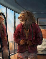  2018 anthro bed bikhai biped clothed clothing detailed_background digital_media_(artwork) eyewear felid fingers fur furniture glasses grey_body grey_fur grey_mane hair inside lion male mammal mane mirror multicolored_body multicolored_fur muscular muscular_anthro muscular_male pantherine pecs pillow racoonwolf solo standing topwear two_tone_body two_tone_fur underwear whiskers window 