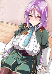  alternate_breast_size blush bolobolo braid breasts clorica_(rune_factory) commission female frills large_breasts long_hair long_sleeves looking_at_viewer necktie on_bed open_mouth orange_eyes pixiv_commission purple_hair rune_factory rune_factory_4 solo twin_braids 