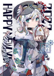  1boy 2022 animal_ears animal_print bad_id bad_pixiv_id blonde_hair bloomminority blue_eyes blue_hair chinese_zodiac fantasy highres kouhaku_nawa male_focus multicolored_hair original pale_skin rope shimenawa solo tail tiger_boy tiger_ears tiger_print tiger_stripes tiger_tail white_hair year_of_the_tiger 