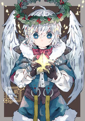  +_+ 1boy angel angel_wings bad_id bad_pixiv_id bloomminority blue_eyes braid fantasy gloves halo hat highres holly long_sleeves male_focus original solo star_(symbol) white_hair wings wreath wreath_halo 