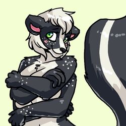  1:1 2020 4_arms 4_breasts blush breasts covering covering_breasts covering_self female juniper_skunktaur mammal mammal_taur mephitid mephitid_taur merlin-the-bruce multi_arm multi_breast multi_limb nude skunk skunk_taur solo striped_skunk taur 