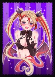  axel_syrios black_bra blonde_hair blue_eyes blush bra breasts cleavage commentary cosplay demon_wings detached_collar e1ctricee1s elbow_gloves english_commentary female genderswap_(mtf) gloves heart heart_in_eye highres holostars holostars_english lovelia lovelia_(cosplay) low_wings multicolored_hair navel oerba_yun_fang red_hair rule_63 solo streaked_hair striped striped_background symbol_in_eye troubledays twintails underwear virtual_youtuber wings 