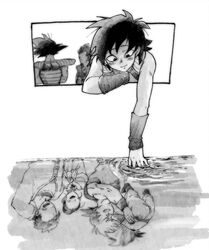  2girls 5boys arm_behind_head arm_support bardock bare_arms bare_shoulders blush buttons calligraphy_brush_(medium) carrying chi-chi_(dragon_ball) closed_mouth commentary_request different_reflection dougi dragon_ball dragon_ball_minus dragon_ball_super dragon_ball_super_broly facing_away family father_and_son from_behind gine greyscale grin hair_bun happy looking_down monochrome mother_and_son multiple_boys multiple_girls neckerchief nib_pen_(medium) no_eyes open_mouth outstretched_hand painting_(medium) photoshop_(medium) raditz reflection ripples rkgkden single_hair_bun smile son_gohan son_goku son_goten spiked_hair sweater teeth toma_(dragon_ball) traditional_media upper_body water watercolor_(medium) wristband 