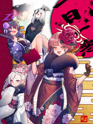  4girls :d absurdres aru_(blue_archive) aru_(new_year)_(blue_archive) bag black_hair black_kimono blue_archive blush brown_eyes brown_gloves commentary_request demon_horns egasumi floral_print fp6 frilled_sleeves frills fur_trim gloves grey_hair grin gun hair_between_eyes hair_ornament hairclip halo handbag haruka_(blue_archive) haruka_(new_year)_(blue_archive) highres holding holding_bag holding_gun holding_weapon horns japanese_clothes kayoko_(blue_archive) kayoko_(new_year)_(blue_archive) kimono long_hair long_sleeves manic_shd multicolored_hair multiple_girls mutsuki_(blue_archive) mutsuki_(new_year)_(blue_archive) obi official_alternate_costume open_mouth pink_hair pointy_ears print_kimono problem_solver_68_(blue_archive) purple_eyes purple_hair purple_kimono red_eyes red_kimono sash short_hair shotgun sleeves_past_fingers sleeves_past_wrists smile streaked_hair weapon white_hair white_kimono 