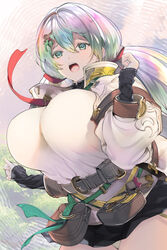  belt breasts commentary_request cupitan_(granblue_fantasy) female gradient_hair granblue_fantasy green_eyes green_hair hair_between_eyes hair_ornament highres large_breasts multicolored_hair naruse_hirofumi open_mouth panties pink_hair pouch rainbow_hair ribbed_sweater skirt solo sweater underwear white_hair 