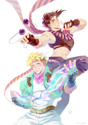  2boys abs absurdres blonde_hair blue_eyes bola_(weapon) brown_hair bubble crop_top facial_mark fingerless_gloves gloves green_eyes green_jacket groin headband highres hydrokinesis jacket jojo_no_kimyou_na_bouken male_focus midriff mogy88428 multicolored_clothes multicolored_scarf multiple_boys one_eye_closed pink_scarf pointing purple_scarf scarf signature striped_clothes striped_scarf water 