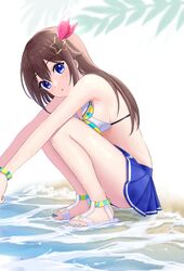  bare_shoulders beach bikini blue_eyes blue_nails blue_skirt blue_wristband blush breasts brown_hair emyu_b feet female hair_ornament highres hololive knees_up leaf legs long_hair looking_at_viewer medium_breasts nail_polish open_mouth palm_leaf sand sandals skirt squatting star_(symbol) star_hair_ornament swimsuit toenail_polish toenails toes tokino_sora tokino_sora_(hololive_summer_2019) two-tone_wristband virtual_youtuber water white_bikini white_footwear wristband yellow_wristband 