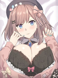  beret black_bra blue_eyes blush bow bow_bra bra breasts breasts_out brown_hair cardigan collared_shirt female hair_ornament hairbow hat highres large_breasts looking_at_viewer lying nail_polish nijisanji on_back open_clothes open_shirt pink_cardigan shin&#039;yashiki shirt smile solo suzuhara_lulu suzuhara_lulu_(1st_costume) sweat underwear virtual_youtuber white_shirt x_hair_ornament 