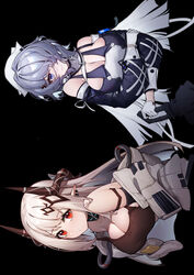  2girls absurdres arknights black_background black_dress black_sports_bra breasts cleavage closed_mouth commentary cropped_torso detached_sleeves dress ear_piercing elite_ii_(arknights) eyepatch gloves hair_ornament hair_over_one_eye hat highres holding horns iku!_iku!! jacket large_breasts long_hair looking_at_viewer mudrock_(arknights) multiple_girls nurse_cap open_clothes open_jacket piercing pointy_ears purple_eyes red_eyes simple_background smile sports_bra strap_slip symbol-only_commentary upper_body whisperain_(arknights) white_gloves white_hair white_headwear white_jacket x_hair_ornament 