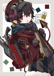  1boy backpack bad_id bad_pixiv_id bag black_hair bloomminority demon_boy demon_horns demon_tail fantasy gloves highres horns long_sleeves looking_at_viewer male_focus mechanical_tail oerba_yun_fang original pale_skin pointy_ears red_eyes solo steampunk tail 