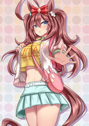  agnes_digital_(umamusume) agnes_digital_(umamusume)_(cosplay) ahoge alternate_costume animal_ears belt blue_eyes blush bow breasts casual commission cosplay cowboy_shot female hair_between_eyes hair_ornament hairbow highres horse_ears horse_girl horse_tail jewelry large_breasts looking_at_viewer midriff mihono_bourbon_(umamusume) navel ring shirt_overhang simple_background skeb_commission solo tail teaclaw umamusume wedding_ring 