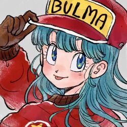  +_+ :p baseball_cap blue_eyes blue_hair blush brown_gloves bulma_briefs character_name close-up clothes_writing commentary dragon_ball dragon_ball_(classic) eyelashes female gloves grey_background hair_between_eyes hand_on_headwear hat jacket light_smile looking_back medium_hair red_hat red_jacket simple_background smile solo star_(symbol) straight_hair tkgsize tongue tongue_out upper_body v-shaped_eyebrows 