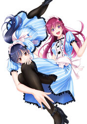  2girls :d apron black_bow black_footwear black_legwear black_ribbon blue_hair blue_shirt blue_skirt bow brown_eyes closed_mouth floating_hair frilled_skirt frills full_body hair_between_eyes hairbow high_heels highres long_hair looking_at_viewer maid_headdress makuzawa_ouka medium_skirt megami_no_kafeterasu multiple_girls neck_ribbon official_art pantyhose ponytail red_eyes red_hair ribbon seo_kouji shirt short_sleeves simple_background skirt smile straight_hair striped_clothes striped_shirt striped_skirt tsuruga_ami vertical-striped_clothes vertical-striped_shirt vertical-striped_skirt waist_apron white_apron white_background 