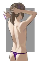  1boy androgynous ass back bad_id bad_pixiv_id bare_back brown_hair crossdressing dier_(girls&#039;_frontline) dima_(girls&#039;_frontline) from_behind genderswap_(ftm) girls&#039;_frontline girly_boy hands_in_hair highres holding holding_own_hair lingerie male_focus nape otoko_no_ko panties ponytail purple_panties rule_63 short_ponytail shortofsugar sidelocks simple_background solo thong topless_male tying_hair underwear underwear_only upper_body 