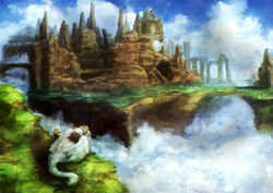  anthro avian blonde_hair canid canine canyon cliff clothed clothing cloud duo eiminsansan feathers feral fox fur hair hi_res landscape larger_feral mammal mountain orange_body orange_fur outside painting_(artwork) ruins scenic_view sitting size_difference sky smaller_anthro traditional_media_(artwork) waterfall white_body white_feathers 