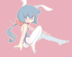  animal_ears bare_shoulders blue_eyes blue_hair blue_leotard bob_cut closed_mouth constanze_amalie_von_braunschbank-albrechtsberger cowlick dot_nose fake_animal_ears fake_tail female flat_chest from_side full_body hair_between_eyes hair_ribbon hand_on_own_knee highres leotard light_blush little_witch_academia looking_at_viewer medium_hair no_pupils orenji_(orenjipiiru) outline outstretched_arm pantyhose pink_background playboy_bunny rabbit_ears rabbit_tail red_ribbon ribbon short_eyebrows simple_background solo straight_hair tail thick_eyebrows wavy_mouth white_outline white_pantyhose 