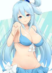  adjusting_strap aqua_(konosuba) aqua_eyes aqua_hair armpit_peek bikini blue_bikini blush bracelet breasts cleavage commentary_request cowboy_shot female groin hair_between_eyes hair_bobbles hair_ornament hair_rings highres jampen jewelry kono_subarashii_sekai_ni_shukufuku_wo! large_breasts long_hair looking_at_viewer midriff navel patterned_background smile solo swimsuit 