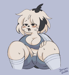  2022 after_exercise anthro artist_name big_breasts biped black_ears black_eyes blue_bottomwear blue_bra blue_clothing blue_shorts blue_underwear blush bodily_fluids bottomwear bra breasts canid canine canis clothing dark_body dark_fur digital_media_(artwork) domestic_dog female footwear front_view fur hair itoruna looking_aside mammal open_mouth pepper_(puppkittyfan1) pink_tongue portrait purple_background shaded short_hair shorts simple_background sitting socks solo spread_legs spreading sweat sweaty_face sweaty_legs tan_body tan_fur teeth three-quarter_portrait tongue towel towel_around_neck underwear 