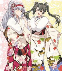  2girls absurdres alternate_costume bag closed_eyes commentary_request commission floral_print grey_hair hair_ribbon hairband handbag haregi highres japanese_clothes kanmiya_shinobu kantai_collection kimono long_hair multiple_girls official_alternate_costume pink_kimono ponytail print_kimono red_hairband ribbon shoukaku_(kancolle) shoukaku_kai_ni_(kancolle) skeb_commission smile standing twintails white_hair white_kimono white_ribbon zuikaku_(kancolle) zuikaku_kai_ni_(kancolle) 