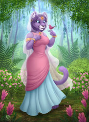  2019 4_toes anthro avian barefoot bird black_nose blue_eyes bracelet breasts clothed clothing detailed detailed_background dolphydolphiana dress duo feet felid female flower fully_clothed fur grass hair inner_ear_fluff jewelry looking_at_another mammal open_mouth piercing plant princess_romy purple_body purple_fur smile solo standing toes tree tuft white_body white_fur 