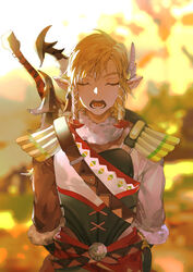  1boy arms_behind_back belt blonde_hair blurry blurry_background bow_(weapon) closed_eyes cowboy_shot facing_viewer fur_collar fur_trim hair_ornament horns link long_sleeves male_focus medium_hair open_mouth outdoors pointy_ears snowquill_set_(zelda) solo starstruckdon sword teeth the_legend_of_zelda the_legend_of_zelda:_breath_of_the_wild weapon 