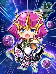  axis_(gundam) bad_id bad_twitter_id blue_eyes chibi female funnels_(gundam) gundam gundam_zz haman_karn highres inactive_account looking_at_viewer mecha open_hand pink_eyes pink_hair poyoyon_chihiro qubeley robot short_hair zeon 