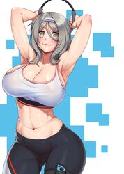  armpits arms_up bare_shoulders black_pants blush breasts cleavage closed_mouth collarbone commentary_request contrapposto cowboy_shot drooling dumbbell eyelashes female girls&#039;_frontline gonster grey_eyes grey_hair hair_between_eyes hairband highres holding holding_jewelry holding_ring jewelry joy-con k3_(girls&#039;_frontline) large_breasts long_hair looking_at_viewer medium_hair navel nintendo nintendo_switch pants ring ring-con ring_fit_adventure shiny_skin short_eyebrows sidelocks smile solo sports_bra standing stomach thigh_strap tight_clothes toned white_hairband white_sports_bra yoga_pants 