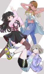  3girls :o \n/ absurdres bike_shorts black_eyes black_hair blonde_hair blouse blue_eyes blunt_bangs blunt_ends breasts brown_eyes brown_hair choker cleavage crop_top denim floating gradient_hair grey_hair gyaru highres idolmaster idolmaster_shiny_colors izumi_mei jacket jeans jirai_kei jojo_no_kimyou_na_bouken jojo_pose kataageteto killer_queen&#039;s_pose_(jojo) long_hair mayuzumi_fuyuko midriff miniskirt multicolored_hair multiple_girls navel pants parody pose serizawa_asahi shirt shoes short_hair skirt smile sneakers straylight_(idolmaster) suspender_skirt suspenders tan thighhighs torn_clothes torn_jeans torn_pants two_side_up wavy_hair zettai_ryouiki 