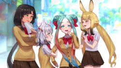  4girls ^_^ absurdres animal_ears anon_non anon_non_(artist) aqua_eyes aqua_hair black_hair blonde_hair blue_eyes braid braided_bun braided_hair_rings clip_studio_paint_(medium) closed_eyes dark_skin fish_girl gradient_hair green_eyes grey_hair hair_bun hair_ornament hairclip height_difference highres kamizuki_naki monster_girl multicolored_hair multiple_girls nagare_sara notched_ear painting_(action) prism_project rabbit_ears rabbit_girl school_uniform streaked_hair ushio_sumi virtual_youtuber wolf_ears wolf_girl 