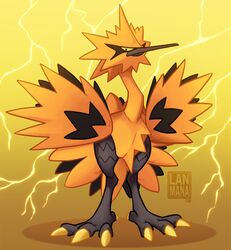  2020 animal_focus bird claws commentary electricity english_commentary full_body galarian_zapdos gradient_background lanmana lightning looking_at_viewer no_humans orange_theme pokemon pokemon_(creature) serious signature solo standing yellow_background yellow_eyes yellow_theme 