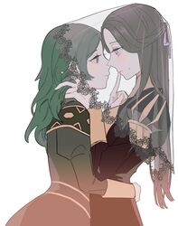  2girls alternate_universe anselma_von_arundel bad_id bad_twitter_id bang_gu9 fire_emblem fire_emblem:_three_houses green_eyes green_hair grey_eyes grey_hair highres hug long_hair multiple_girls pointing pointing_at_another sitri_(fire_emblem) veil yuri 