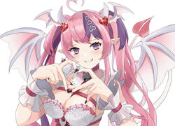  bad_id bad_pixiv_id bat_wings bell black_nails blush breasts chest_belt cleavage collar commentary demon_girl demon_horns demon_tail demon_wings dress female frilled_collar frilled_dress frills hair_ornament head_wings heart heart_hair_ornament heart_hands highres horns ironmouse ironmouse_(demon_form) iyori jingle_bell long_hair looking_at_viewer medium_breasts multicolored_hair nail_polish pink_collar pink_dress pink_hair pointy_ears purple_eyes purple_hair smile solo streaked_hair symbol-only_commentary tail twintails virtual_youtuber vshojo white_wrist_cuffs wings wrist_cuffs 