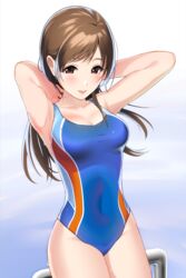  armpits arms_behind_head arms_up bare_shoulders blue_one-piece_swimsuit blush breasts brown_eyes brown_hair cleavage collarbone competition_swimsuit covered_navel female highleg highleg_swimsuit highres idolmaster idolmaster_cinderella_girls long_hair looking_at_viewer medium_breasts natsuya_(natuya777) nitta_minami one-piece_swimsuit smile solo swept_bangs swimsuit thighs tongue tongue_out wet 