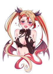  axel_syrios black_bra blonde_hair blue_eyes blush bra breasts cleavage commentary cosplay demon_wings detached_collar e1ctricee1s elbow_gloves english_commentary female genderswap_(mtf) gloves heart heart_in_eye highres holostars holostars_english lovelia lovelia_(cosplay) low_wings multicolored_hair oerba_yun_fang rule_63 simple_background solo streaked_hair symbol_in_eye troubledays underwear virtual_youtuber white_background wings 