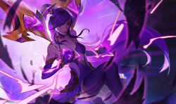  bare_shoulders breasts cleavage closed_mouth commentary_request elbow_gloves facial_mark feet_out_of_frame female gem gloves highres kai&#039;sa l+_(colour0816) league_of_legends long_hair looking_at_viewer medium_breasts multicolored_background pleated_skirt purple_gloves purple_hair purple_theme purple_thighhighs skirt smile solo star_guardian_kai&#039;sa thighhighs 