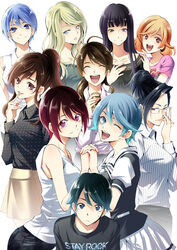  1boy 6+girls :d ;d ^_^ adjusting_eyewear ahoge akitsuki_fuuka amaya_shiori asahina_suzuka black_hair black_shirt blonde_hair blue_eyes blue_hair blunt_bangs brown_eyes brown_hair character_request closed_eyes collarbone collared_shirt facing_viewer frown fuuka gradient_hair hair_over_shoulder hand_on_another&#039;s_shoulder hashiba_miki high_ponytail hime_cut hinokami_aoba holding_hands interlocked_fingers iwami_sara kimi_no_iru_machi long_hair long_sleeves looking_at_viewer miniskirt multicolored_hair multiple_girls official_art one_eye_closed pink_shirt pleated_skirt print_shirt red_eyes red_hair school_uniform seo_kouji shirt short_hair short_sleeves skirt sleeveless sleeveless_shirt smile straight_hair striped_clothes striped_shirt suzuka sweatdrop swept_bangs vertical-striped_clothes vertical-striped_shirt very_long_hair white_shirt white_skirt wing_collar 