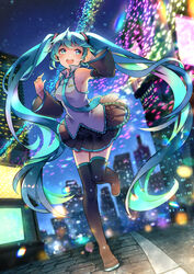  armpits black_skirt blue_eyes blue_hair blue_necktie boots building city city_lights commentary detached_sleeves female hatsune_miku headset highres kyashii_(a3yu9mi) long_hair looking_up necktie night open_mouth outdoors road skirt solo stone_floor street thigh_boots thighhighs twintails very_long_hair vocaloid 