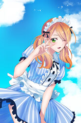  ;d apron black_bow blue_shirt blue_skirt blue_sky bow cloud day female floating_hair frilled_skirt frilled_sleeves frills green_eyes hairbow long_hair maid maid_headdress megami_no_kafeterasu miniskirt official_art one_eye_closed orange_hair outdoors seo_kouji shirt short_sleeves skirt sky smile solo striped_clothes striped_shirt striped_skirt tsukishima_riho twintails v_over_eye vertical-striped_clothes vertical-striped_shirt vertical-striped_skirt waist_apron white_apron 