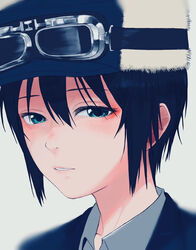  androgynous black_hair blue_eyes blurry blush collar commentary_request eyelashes female fur_hat goggles goggles_on_headwear grey_background hair_between_eyes hat kino_(kino_no_tabi) kino_no_tabi lips looking_at_viewer parted_lips portrait short_hair simple_background solo tomboy turbo_engine_(rakugaki_tabo) 